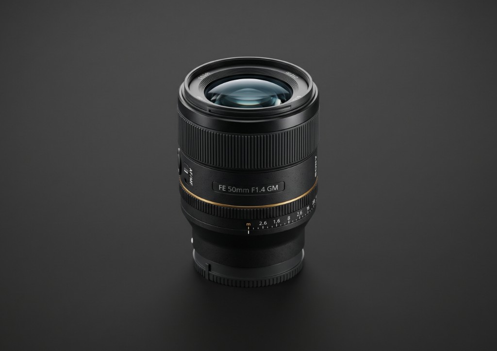 Sony FE 50mm F1.4 GM professional camera lens on a dark background
