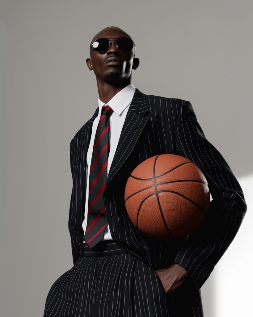 Editorial portrait of a man in a pinstripe suit holding a basketball