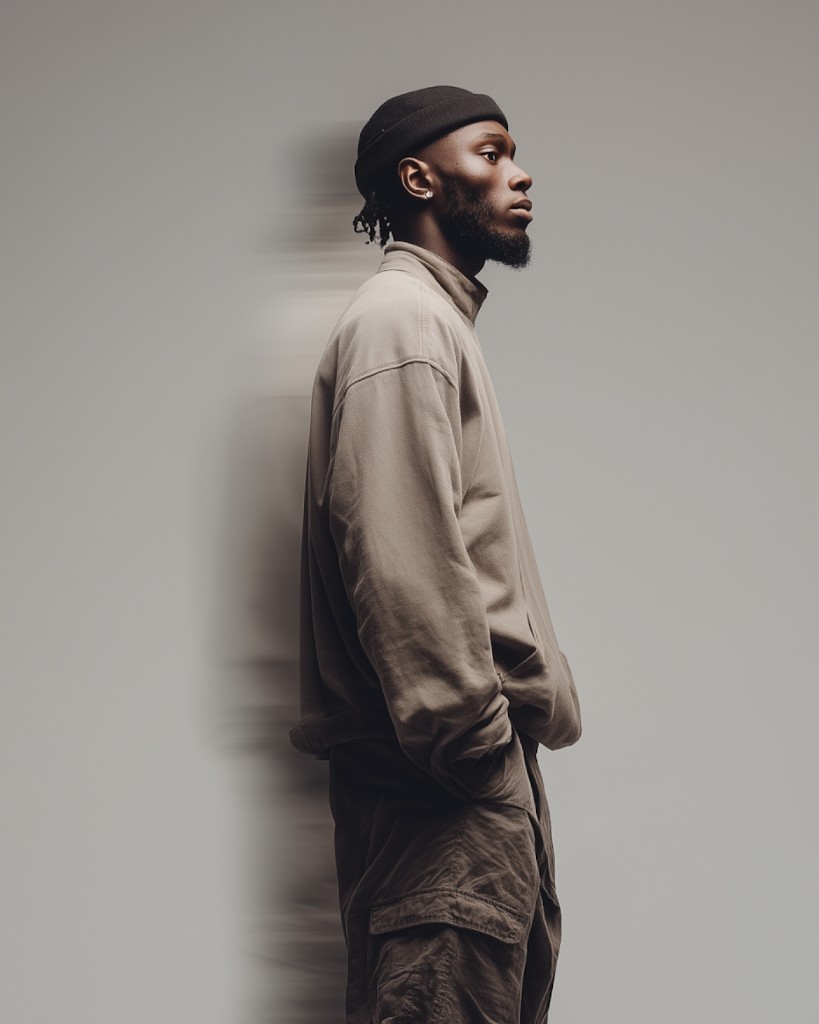 Editorial portrait of a man in profile wearing a beige outfit
