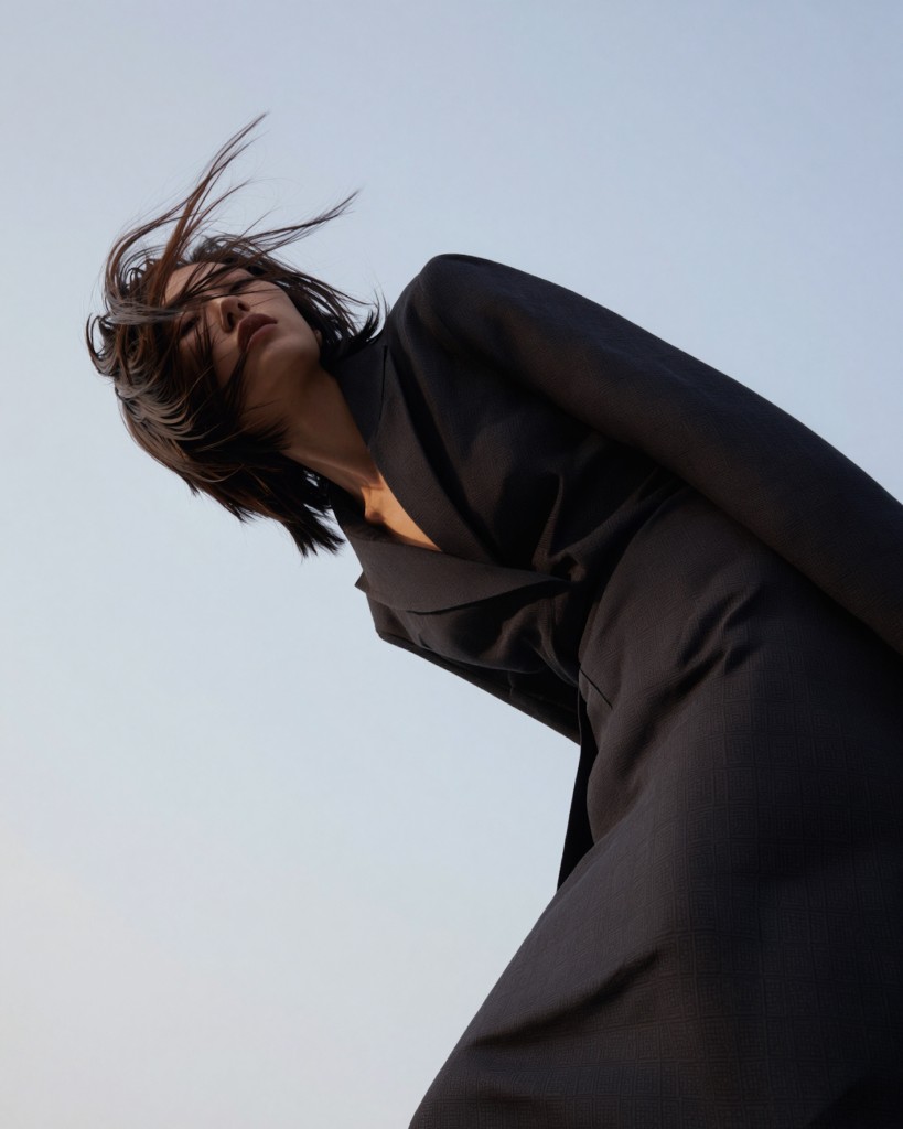 Editorial low-angle portrait of a woman in a dark coat against a pale sky